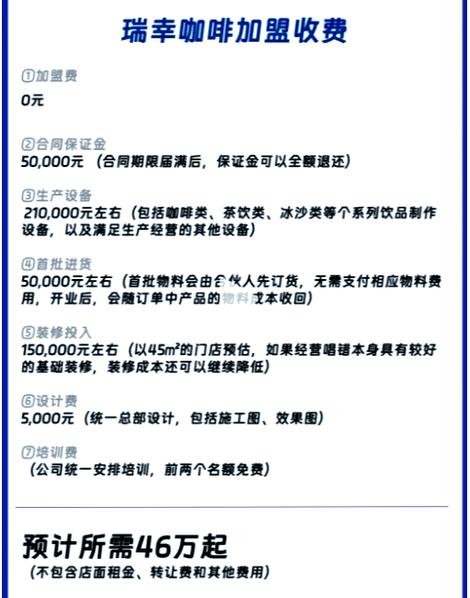 瑞幸加盟费及加盟条件