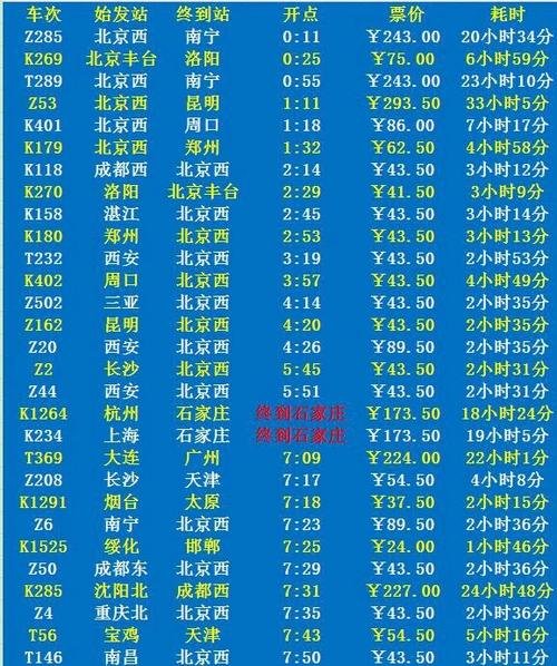查火车时刻表车次