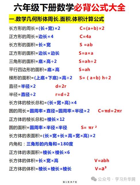 六下数学必背公式图片