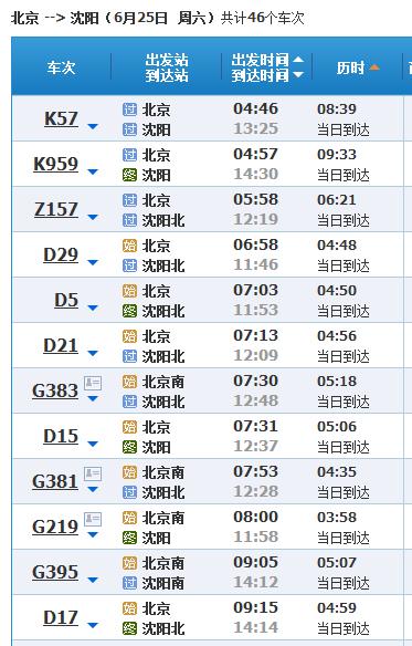 北京至沈阳火车列表